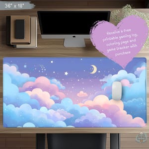 Lofi Desk Mat, Scenic Clouds and Stars Design, Cottagecore Desk Mat, TCG Playmat Pastel Clouds Desk Mat Cute Decor, XL Mouse Pad D56