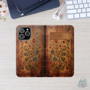 Custom Floral Spell Book Wallet Phone Case - Customizable Vegan Leather iPhone Samsung Cover, Cute Vintage Aesthetic Gift, Magic Witch F1