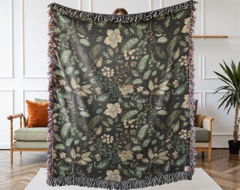 Botanical Woven Blanket, Floral Cottagecore Cotton Throw, Dark Green Nature Home Decor B35