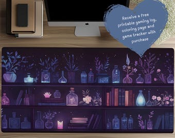 Lavender Alchemist Book Shelf Desk Mat, Fantasy Mouse Pad, Magical Desk Pad, TCG Playmat, Glowing Desk Decor, Aesthetic Gift for Gamers D132