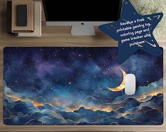 Celestial Night Sky Desk Mat: Moonlit Cloudscape Mouse Pad, Gamer Playmat D49