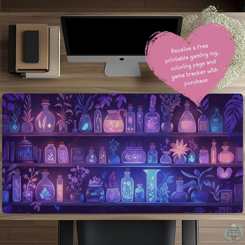 Apothecary Shelf Desk Mat, Aesthetic Mouse Pad, Dark Academia Gaming Mat, Witchy Desk Decor, Potions Workspace, Gift for Cozy Gamer image 2
