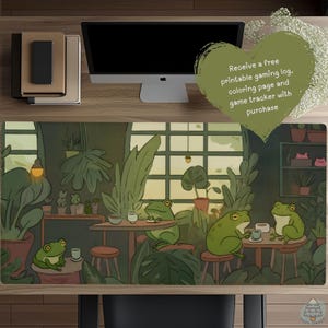 Frogs in a Cafe Desk Mat Anime Frog Green Desk Pad, Cute Lofi Mousepad, Cozy Keyboard Mat, Gift for Gamers, TCG Playmat D12