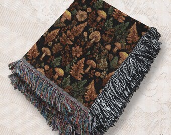 Forest Mushroom Woven Blanket, Cozy Woodland Cottagecore Throw, Rustic Botanical Tapestry, Fall Decor Nature Gift B29