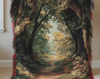 Enchanted Forest Path Woven Blanket, Woodland Nature Throw, Cozy Cottagecore Home Decor, Rustic Autumn Woodland Tapestry, Cozy Gift B28