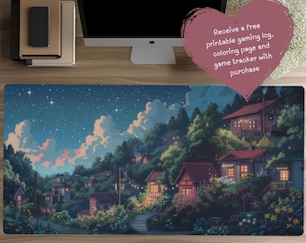 May include: A rectangular desk mat featuring a nighttime landscape illustration of houses nestled in a lush, hilly forest under a starry sky. The scene includes glowing windows, winding paths, and vibrant flowers. Text on the overlay reads: Receive a free printable gaming log, coloring page and game tracker with purchase.