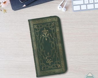 Emerald Grimoire Book of Spells Phone Case - Vintage Vegan Leather Wallet Cover With Gold Effect, Magic Witch Aesthetic iPhone Samsung Case