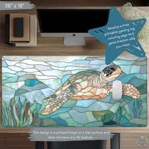 May include: A rectangular mouse pad, 36 x 18 inches, featuring a sea turtle design in shades of blue, green, and tan. The design resembles stained glass. The text "This design is a printed image on a flat surface and does not have any 3D texture" is visible.