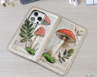 Botanical Mushroom Vegan Leather Wallet Phone Case: Cottagecore iPhone Samsung Cover P32