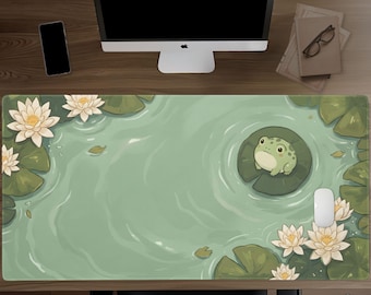 Frog Pond Desk Mat, Lily Pad Mouse Pad, Sage Green Keyboard Mat, Cozy Cottagecore Desk Decor