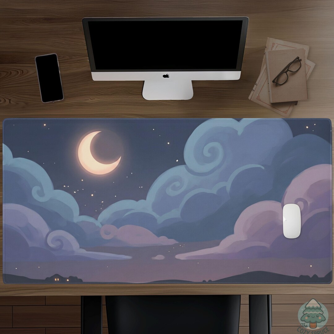 Moon Desk Crescent Moon Desk Mat, Dreamy Night Sky Mouse Pad, Cloudy Moon Gaming ...