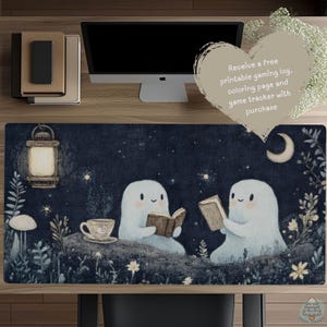 Bookish Ghost Desk Mat – Cozy Mouse Pad for Readers, Ghostcore Gamer Gift, Fall Desk Decor, Cottagecore Office Pad, Halloween Aesthetic D139