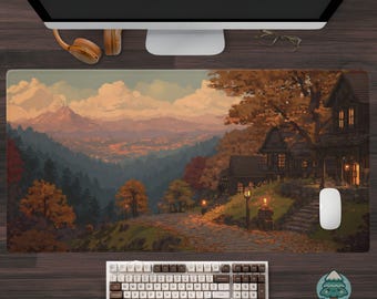 Cozy Village Pixel Art Desk Mat, Warm Fantasy Landscape Mouse Pad, Cottagecore Gamer Keyboard Mat, Retro Aesthetic Gift D183