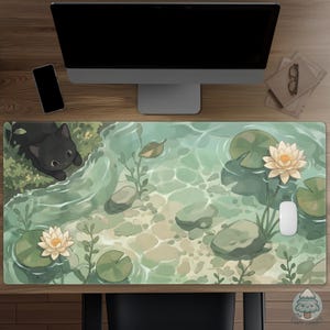 Black Cat Lily Pad Pond Desk Mat, Kawaii Floral Mouse Pad, Sage Green Keyboard Mat, Water Lily Gaming Desk Mat