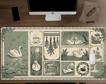 Elegant Swan Desk Mat, Sage Green Vintage Cottagecore Mouse Pad, Moody Keyboard Mat, Bookish Botanical Desk Decor