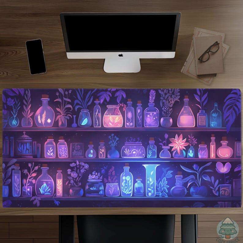 Apothecary Shelf Desk Mat, Aesthetic Mouse Pad, Dark Academia Gaming Mat, Witchy Desk Decor, Potions Workspace, Gift for Cozy Gamer image 1