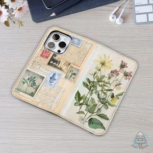Étui de téléphone portefeuille vintage herbier, étui rabattable effet fleurs pressées, esthétique florale botanique, étui pour iPhone Samsung P31 en cuir végétalien