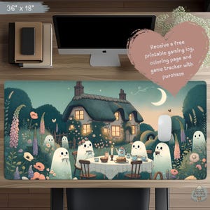 May include: A decorative desk mat, measuring 91 x 46 cm, depicting a charming cottage scene with ghost characters at a tea party. The design includes a crescent moon, flowers, and the text "Receive a free printable gaming log, coloring page and game tracker with purchase."