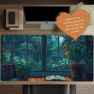 Rainy Garden Lofi Desk Mat, Cottagecore Desk Mat, TCG Playmat, Green Cute Mouse Pad, Pixel Art Desk Mat Aesthetic, Gift for Cozy Gamer D114