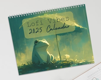Lofi Vibes 2025 Calendar - Anime Wall Calendar, Kawaii Animals, Cute Art Monthly Grid Calendar, Office Decor, Gift for Her