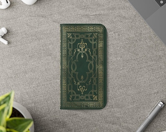 Emerald Grimoire Book of Spells Phone Case - Vintage Vegan Leather Wallet Cover With Gold Effect, Magic Witch Aesthetic iPhone Samsung Case