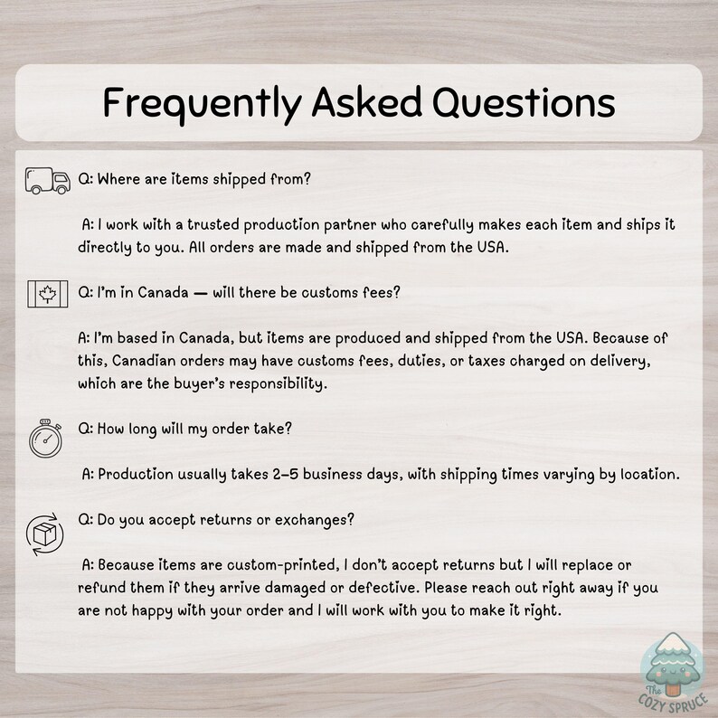 a series of frequently asked questions about shipping and customer service, including information about the shipping partner, customs fees, order duration, return and exchange policies, and the company's approach to handling returns and exchanges.