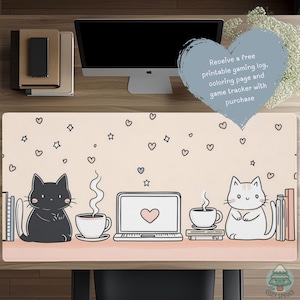 Minimalist Cat Desk Mat: Beige & Grey Coffee Laptop Mouse Pad D164