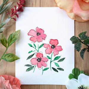 手描きのピンクのポピー オリジナル水彩画 野生の花 花のグリーティングカード 誕生日 絵画 植物 母の日 花 記念日