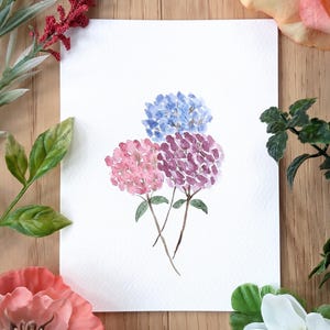 Hortensias pintadas a mano, acuarela original, flores silvestres, tarjeta de felicitación, cumpleaños, pintura botánica, día de la madre, flores, aniversario
