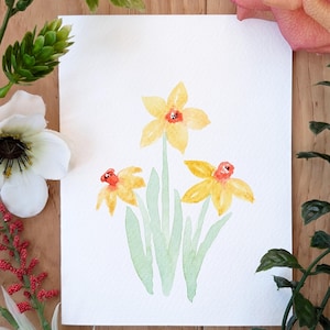 Tarjeta de felicitación original con acuarela de narcisos amarillos para el día de la madre, aniversario, cumpleaños de primavera, pintura, tarjeta de boda, obra de arte