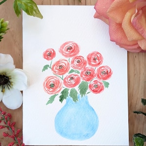 オリジナルの青い花瓶に入った赤いラナンキュラスの水彩画 母の日 記念日 グリーティングカード 誕生日カード 絵画 ウェディングカード アートワーク