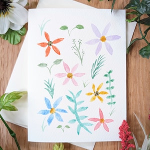 Motif floral peint à la main, aquarelle originale, fleurs sauvages, carte de voeux, peinture d'anniversaire, fleurs botaniques pour la fête des mères, anniversaire