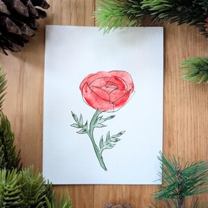 Tarjeta de felicitación de cumpleaños con acuarela original y rosa roja para el Día de la Madre, tarjeta de aniversario, pintura, tarjeta de boda, obra de arte
