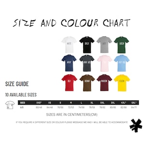 The image is a size and colour chart for a collection of t-shirts, with various sizes and colors available.