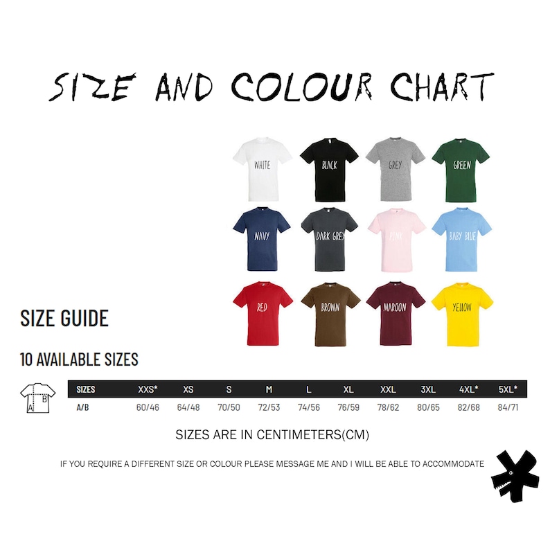 The image is a size and colour chart for a collection of t-shirts, with various sizes and colors available.