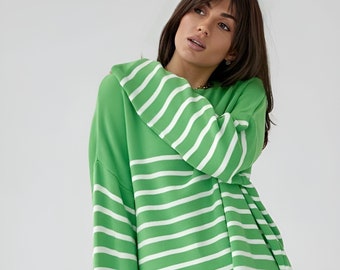 CATLIA women's knit sweater wool green white striped lightweight women's sweater knitwear oversize