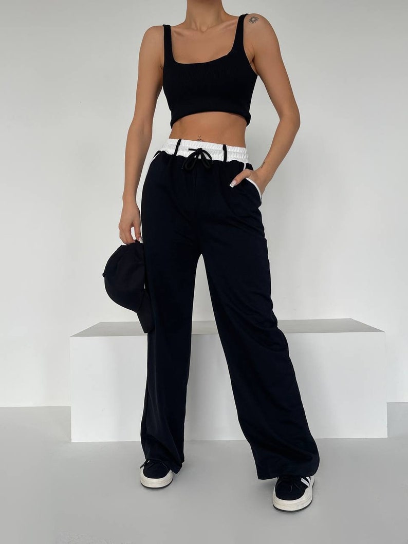 Women's wide leg Elastic High Waist Sports Pants Ladies Sweatpants Pockets, Women's Drawstring Joggers Tracksuit zdjęcie 2