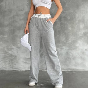 Women's wide leg Elastic High Waist Sports Pants Ladies Sweatpants Pockets, Women's Drawstring Joggers Tracksuit zdjęcie 9