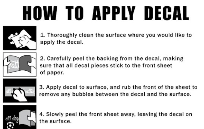 Puede incluir: Gr&aacute;fico en blanco y negro con instrucciones sobre c&oacute;mo aplicar una calcoman&iacute;a. El texto dice "HOW TO APPLY DECAL". Los pasos incluyen limpiar la superficie, despegar el respaldo, aplicar la calcoman&iacute;a y eliminar las burbujas.
