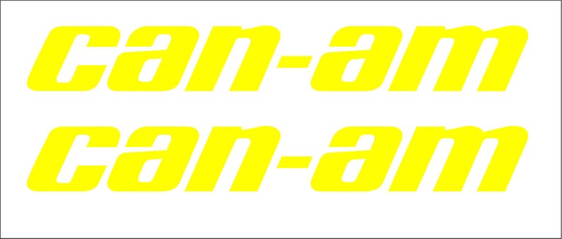 Puede incluir: Dos conjuntos de texto amarillo "Can-Am" sobre un fondo blanco. El texto est&aacute; en negrita, sin serifas, ligeramente inclinado hacia la derecha. Las letras est&aacute;n espaciadas uniformemente y son claramente legibles, creando un dise&ntilde;o llamativo.