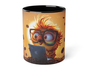 Early Bird Coffee Mug - Cartoonish Bird Illustration - Oversized Glasses & Laptop Design - Funny Ceramic Cup for Morning Productivity