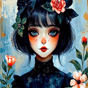 Peut inclure: Portrait numérique d'une femme aux cheveux noirs, aux yeux bleus et aux lèvres rouges. Elle porte une robe noire et est ornée d'éléments floraux, notamment des roses et des feuilles. L'arrière-plan a un aspect texturé bleu et or.