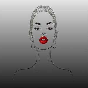 May include: Line drawing of a woman's face with red lips and hoop earrings. The illustration is in black and white with a gradient gray background. The woman's lips are a bright, glossy red.