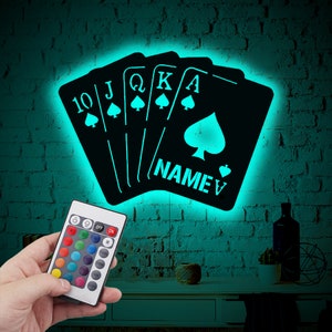 Benutzerdefinierte Spielkarte Neon Led Holzwanddekor, Pokerkarten, Bar Wanddekor, Spielzimmer Wandkunst, Spielzimmer Dekor, Spielkarten Dekor