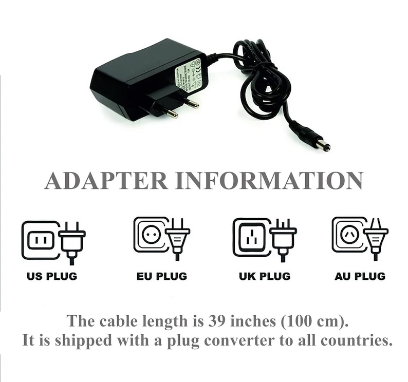 May include: Black power adapter with a 39-inch cable. The adapter has a standard EU plug and comes with a plug converter for use in other countries. The text "ADAPTER INFORMATION" is displayed above four icons representing different plug types: US, EU, UK, and AU.