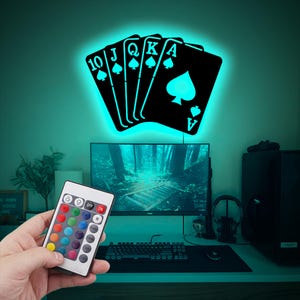 Letrero de póquer con escalera real, decoración de cartas de juego, decoración de sala de juegos de póquer, regalo de madera LED para jugadores, letrero cortado con láser de Navidad, regalo de inauguración de la casa, regalo de Navidad
