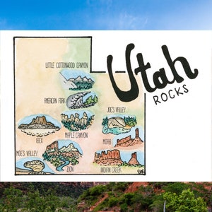 Carte d'escalade de l'Utah, impression aquarelle 5 x 7 pouces