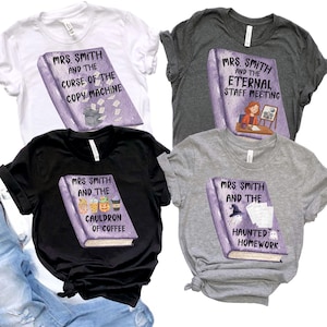 Maglietta personalizzata per insegnanti di Halloween, idea per costumi di gruppo personalizzati per insegnanti, maglietta scolastica per la stagione spettrale, team di insegnanti, magliette per la reception