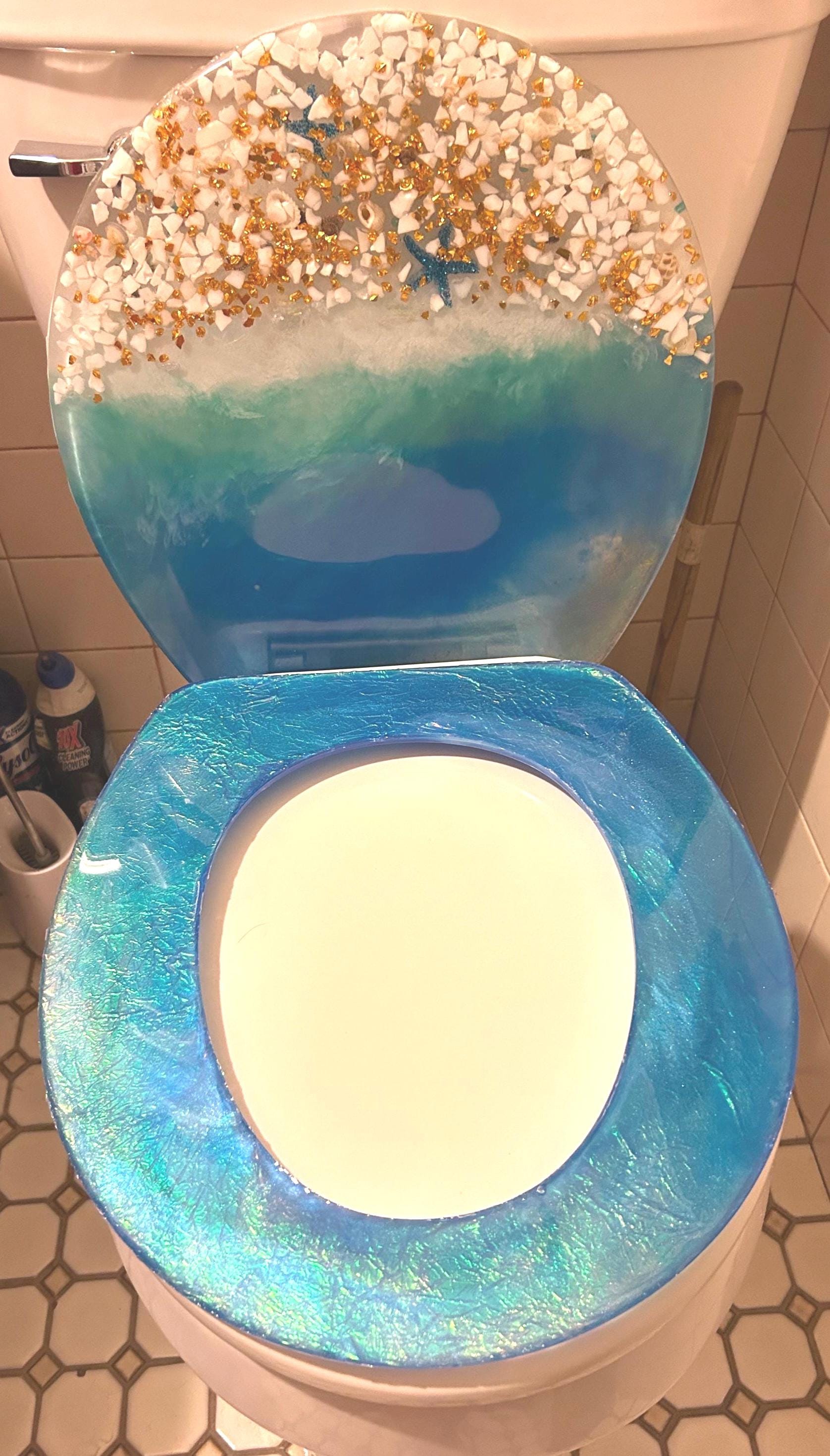 fish lure resin toilet seat ELONGATED BLUE AQUARIUM SEAT, CHROME HINGES Lucite Toilet Seat for sale