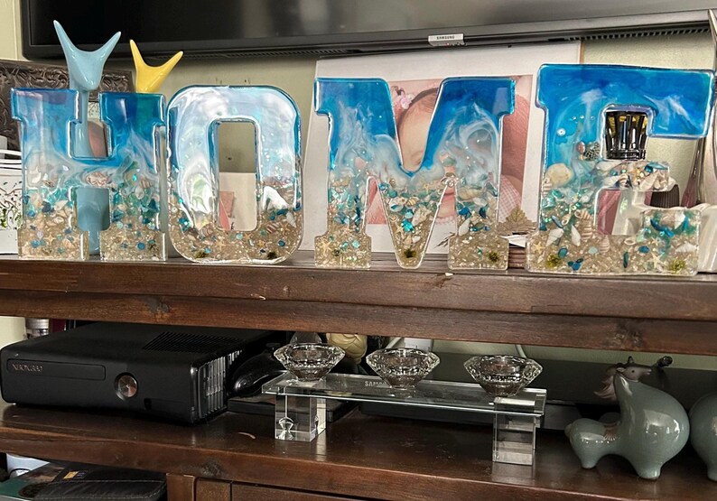 4 7x .25 Thick Letters Spelling HOME Marine Life Design Epoxy Resin Art